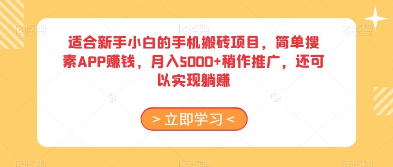 适合新手小白的手机搬砖项目，简单搜素APP赚钱，月入5000+稍作推广，还可以实现躺赚【揭秘】睿集资源栈-网赚项目-副业赚钱-互联网创业-资源整合睿集资源栈