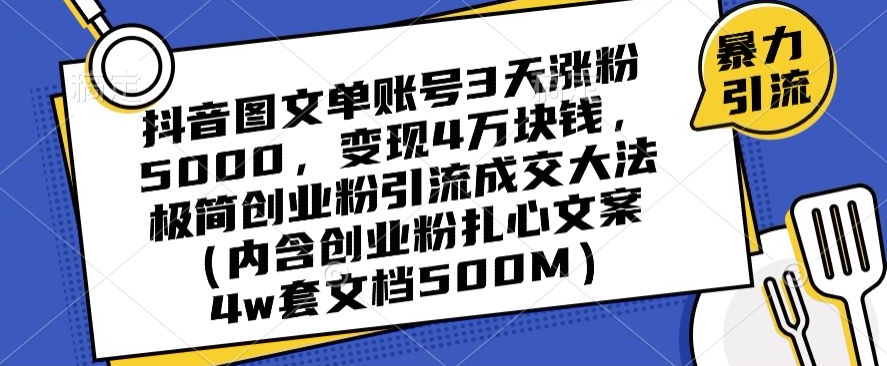抖音图文单账号3天涨粉5000，变现4万块钱，极简创业粉引流成交大法睿集资源栈-网赚项目-副业赚钱-互联网创业-资源整合睿集资源栈