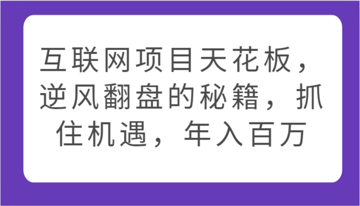 互联网项目天花板，逆风翻盘的秘籍，抓住机遇，年入百万睿集资源栈-网赚项目-副业赚钱-互联网创业-资源整合睿集资源栈