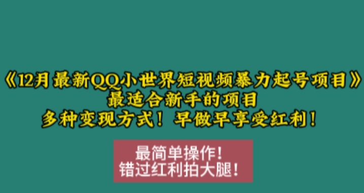 12月最新QQ小世界短视频暴力起号项目，最适合新手的项目，多种变现方式睿集资源栈-网赚项目-副业赚钱-互联网创业-资源整合睿集资源栈