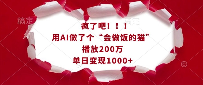 疯了吧！用AI做了个“会做饭的猫”，播放200万，单日变现1k睿集资源栈-网赚项目-副业赚钱-互联网创业-资源整合睿集资源栈