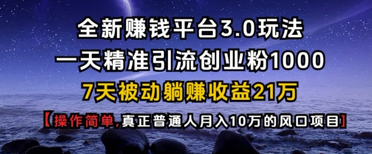 全新赚钱平台3.0玩法一天精准引流创业粉1000.7天被动躺Z收益21W【仅揭秘】睿集资源栈-网赚项目-副业赚钱-互联网创业-资源整合睿集资源栈