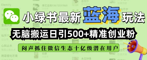 小绿书无脑搬运引流，全自动日引500精准创业粉，微信生态内又一个闷声发财的机会睿集资源栈-网赚项目-副业赚钱-互联网创业-资源整合睿集资源栈