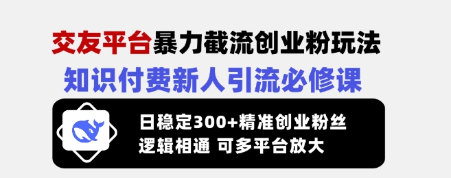 交友平台暴力截流创业粉玩法，知识付费新人引流必修课，日稳定300+精准创业粉丝，逻辑相通可多平台放大睿集资源栈-网赚项目-副业赚钱-互联网创业-资源整合睿集资源栈